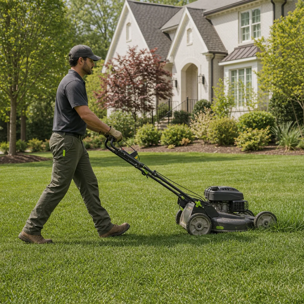 Landscaper mowing a residential lawn