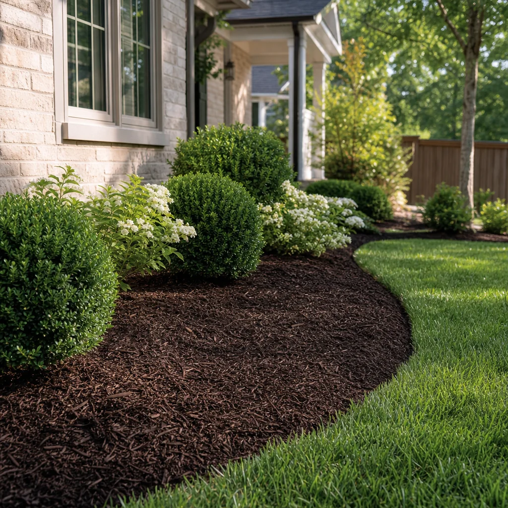 Fresh mulch in a residential landscape bed