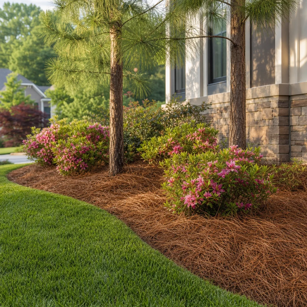 Pine straw installed around residential shrubs